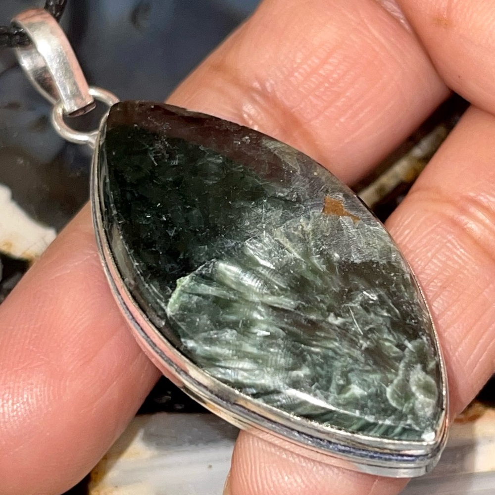 Deep Green Emerald Seraphinite Pendant 2 1/4” - Picture 7 of 17